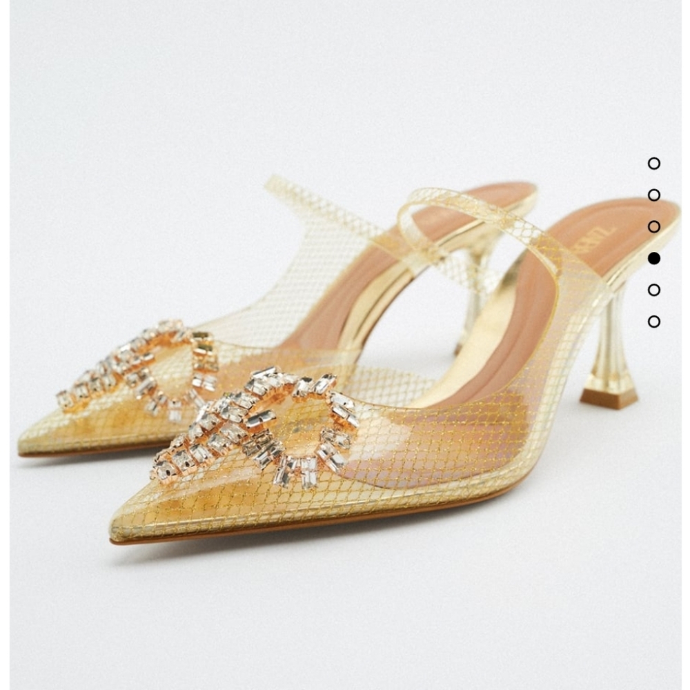 Zara Gold High Heel Vinyl Slingback Mule with Rhinestone Bow, NWT, Size 6 / 36